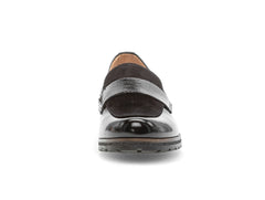 Gabor 72.042.37 - Black patent slip-on loafer with a suede panel on a whit background front view