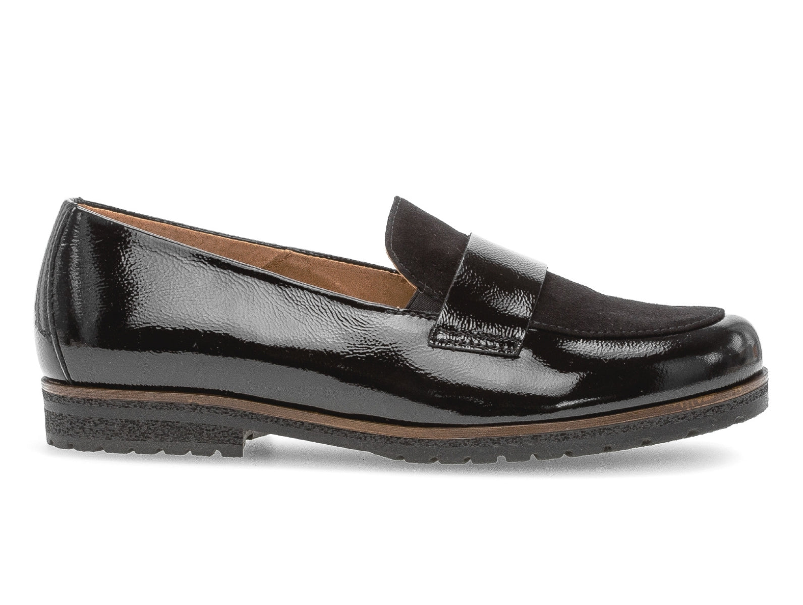 Gabor 72.042.37 - Black patent slip-on loafer with a suede panel on a whit background