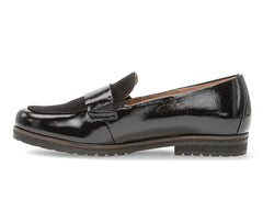 Gabor 72.042.37 - Black patent slip-on loafer with a suede panel on a whit background inner view