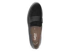 Gabor 72.042.37 - Black patent slip-on loafer with a suede panel on a whit background top view