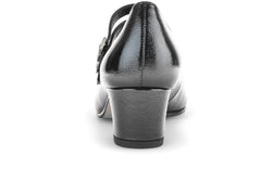 Gabor 72.212.97 - Black patent shoe with double straps and buckles, low block heel on a white background back view