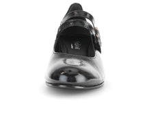 Gabor 72.212.97 - Black patent shoe with double straps and buckles, low block heel on a white background front view