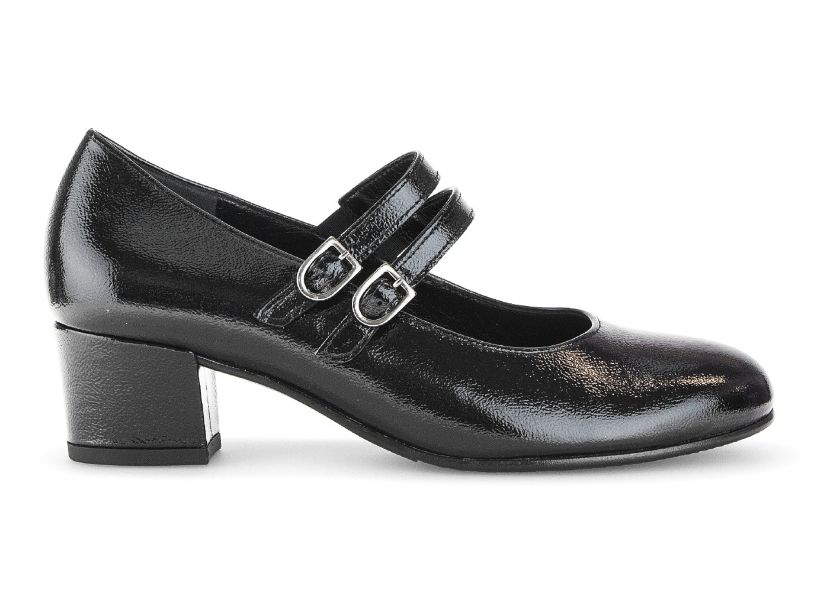 Gabor 72.212.97 - Black patent shoe with double straps and buckles, low block heel on a white background 