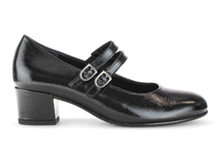Gabor 72.212.97 - Black patent shoe with double straps and buckles, low block heel on a white background 