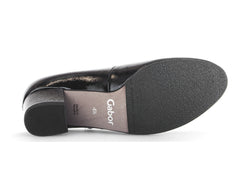 Gabor 72.212.97 - Black patent shoe with double straps and buckles, low block heel on a white background sole view
