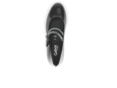 Gabor 72.212.97 - Black patent shoe with double straps and buckles, low block heel on a white background top view