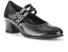Gabor 72.212.97 - Black patent shoe with double straps and buckles, low block heel on a white background upper view