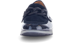 Gabor 72.415.96 Bea - Navy patent loafer with decorate detail, front view on white background. 