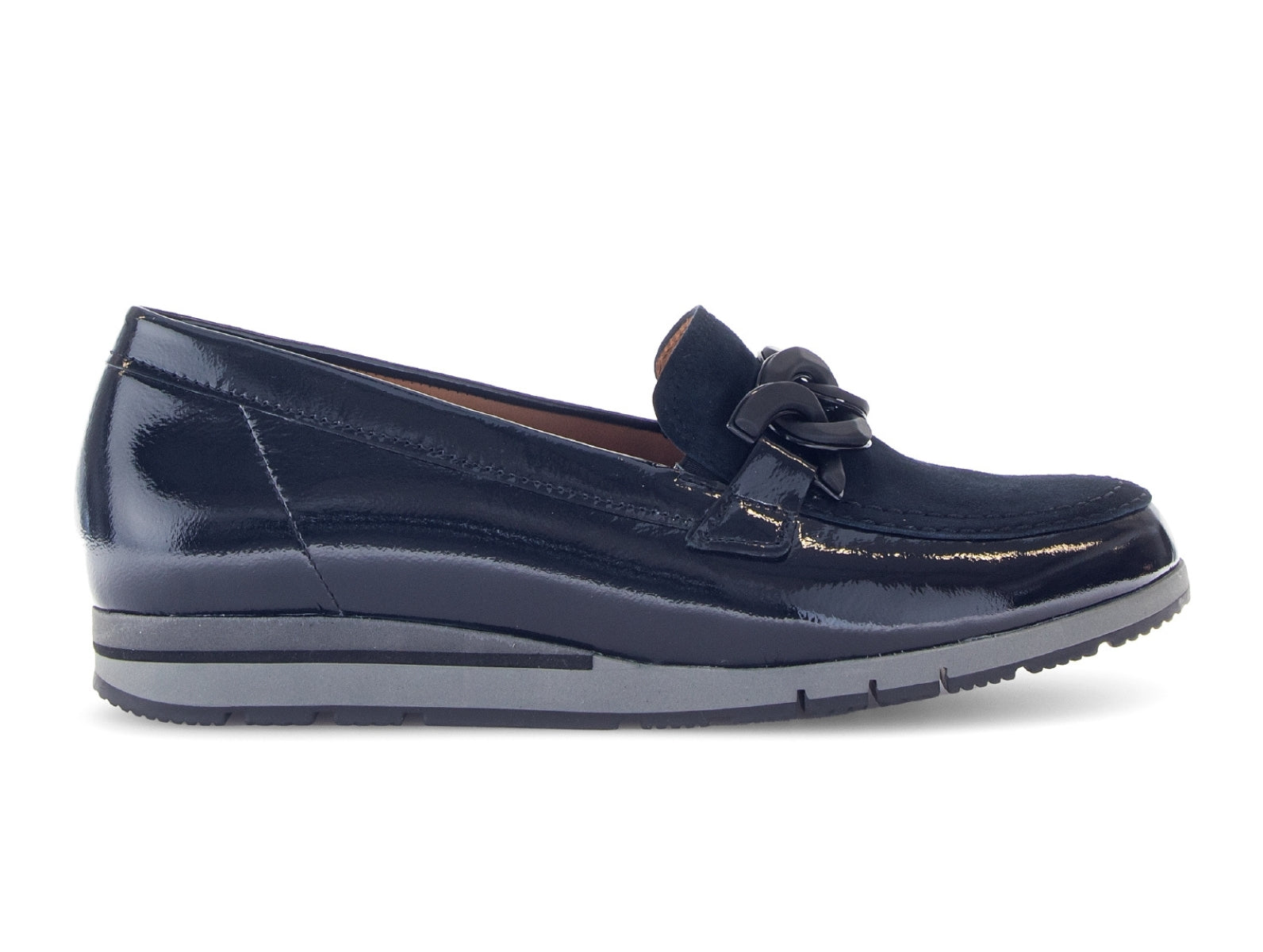 Gabor 72.415.96 Bea - Navy patent loafer with decorate detail and subtle wedge heel on white background 