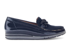 Gabor 72.415.96 Bea - Navy patent loafer with decorate detail and subtle wedge heel on white background 