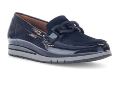 Gabor 72.415.96 Bea - Navy patent loafer with decorate detail and subtle wedge heel on white background 