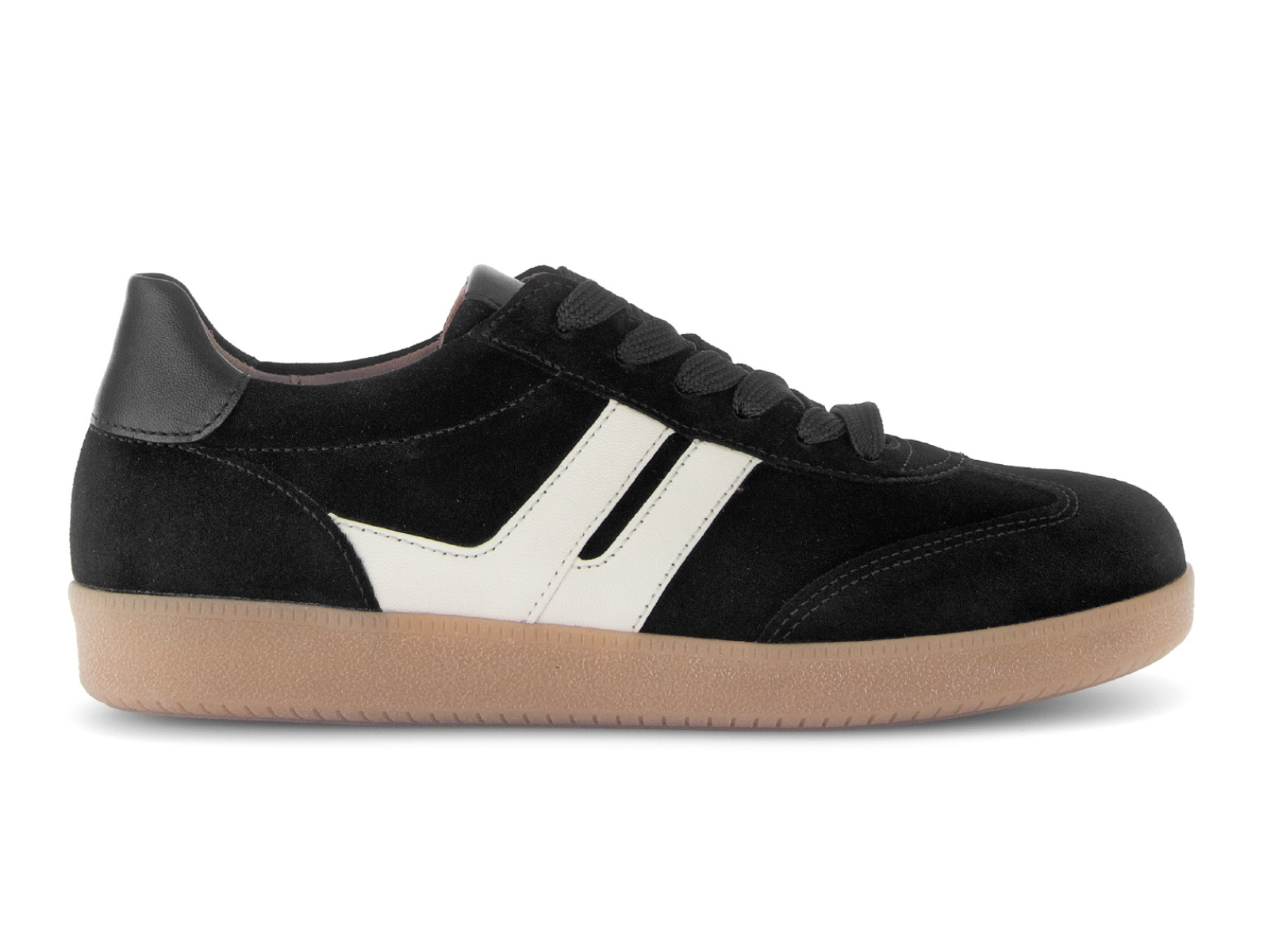 Gabor 73.300.17 West - Black retro laced suede sneaker with white stripes on a rubber sole against a white background 