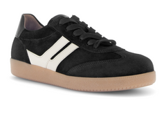 Gabor 73.300.17 West - Black retro laced suede sneaker with white stripes on a rubber sole against a white background upper view