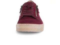 Gabor 73.334.35 Wisdom - suede burgundy laced fashion sneaker with double zips, a beige sole, on a white background front view