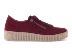 Gabor 73.334.35 Wisdom - suede burgundy laced fashion sneaker with double zips, a beige sole, on a white background 