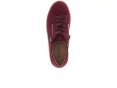 Gabor 73.334.35 Wisdom - suede burgundy laced fashion sneaker with double zips, a beige sole, on a white background top view