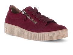 Gabor 73.334.35 Wisdom - suede burgundy laced fashion sneaker with double zips, a beige sole, on a white background upper view