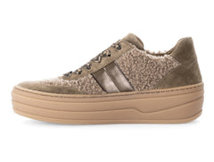 Gabor 73.350.14 - laced Brown sneaker with shearing trim and leopard print laces, platform sole on white background
