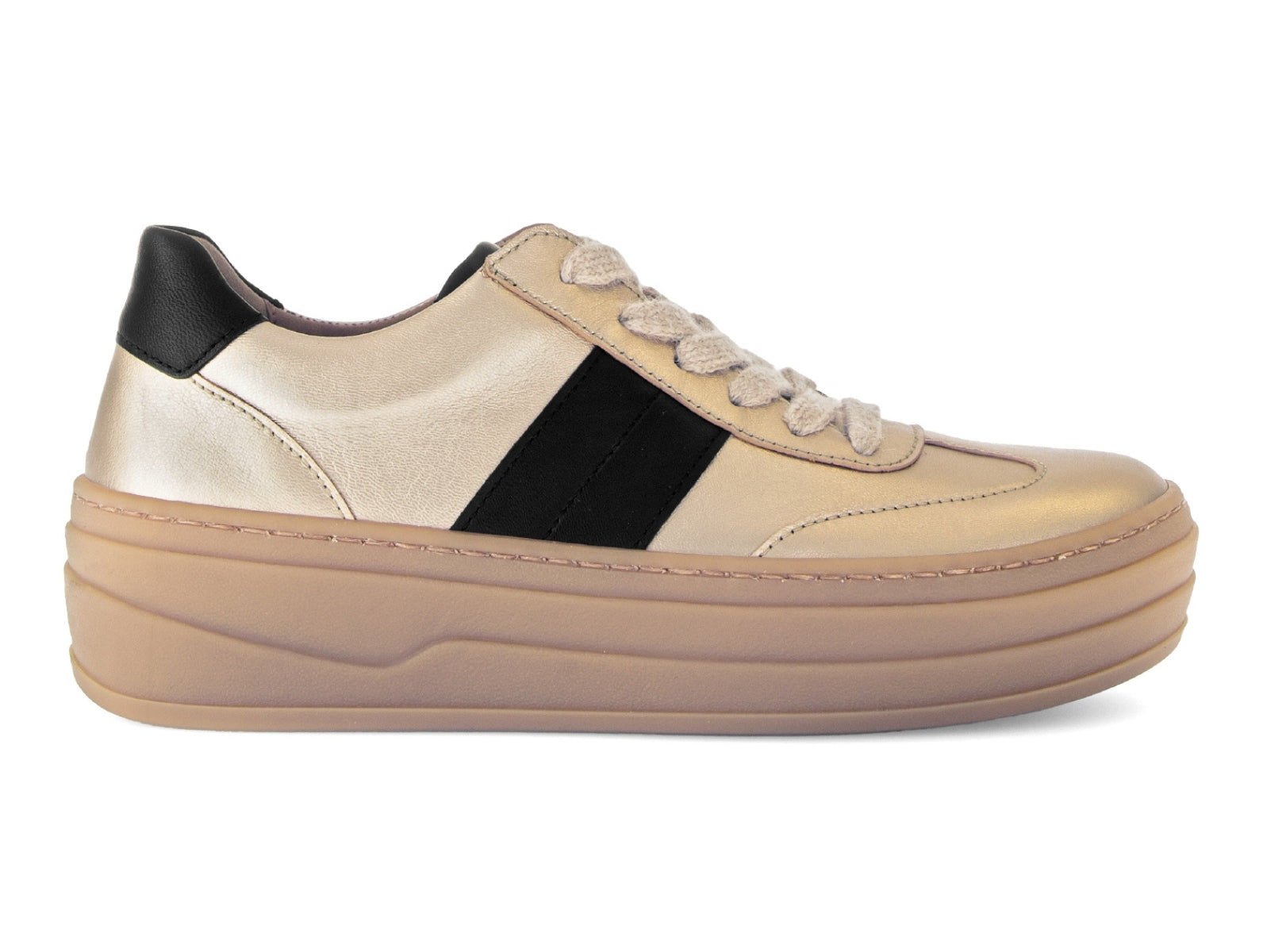 Gabor 73.350.62 in Champagne laced sneaker with black accents, platform gum sole on white background. 