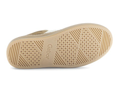 Gabor 73.350.62 in Champagne laced sneaker with sole view with geometric design and logo on white background. 