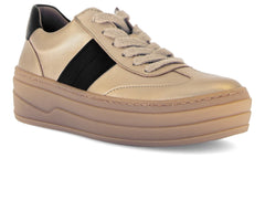 Gabor 73.350.62 in Champagne laced sneaker with black accents, platform gum sole on white background. 