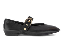 Gabor 74.144.20, flat Black shoe with god buckle on white background. 