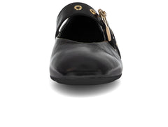 Gabor 74.144.20, flat Black shoe with god accents on white background. 
