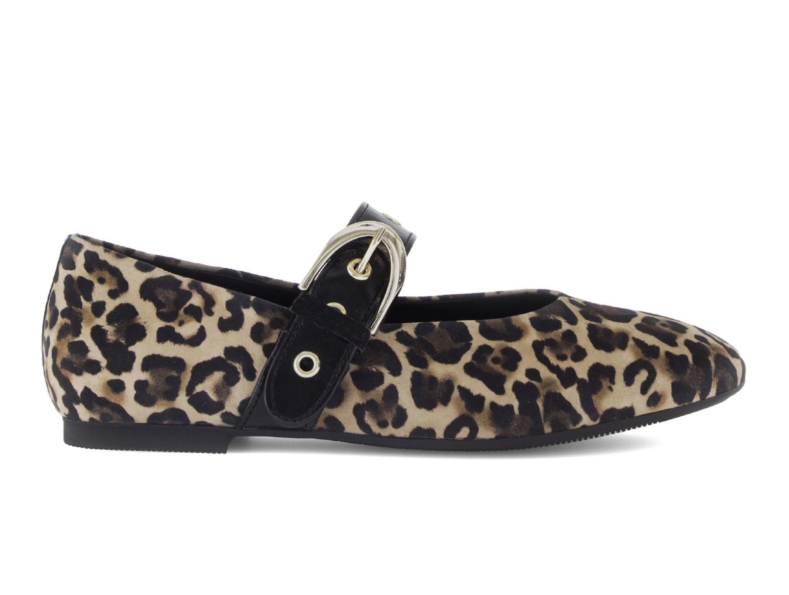 Gabor 74.144.32 - Leopard Print flat with black strap on white background.