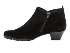 Gabor 75.633.17 - Black suede ankle boot with medium stacked heel and inner zip against a white background 