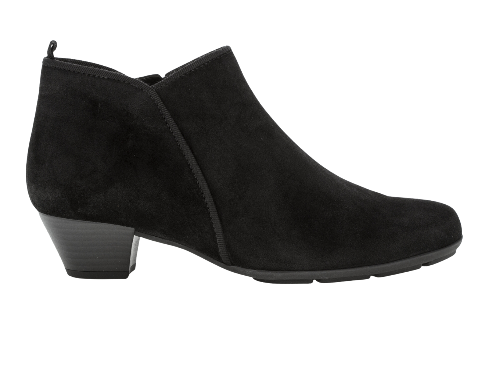 Gabor 75.633.17 - Black suede ankle boot with medium stacked heel against a white background. 