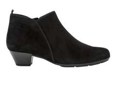 Gabor 75.633.17 - Black suede ankle boot with medium stacked heel against a white background. 