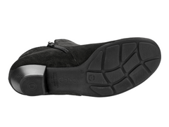 Gabor 75.633.17 - Black suede ankle boot with medium stacked heel against a white background sole view