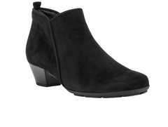 Gabor 75.633.17 - Black suede ankle boot with medium stacked heel against a white background upper view