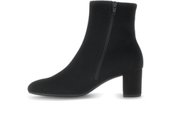 Gabor 75.701.17 - Black suede ankle boot with medium block heel and full length inner zip on white background. 