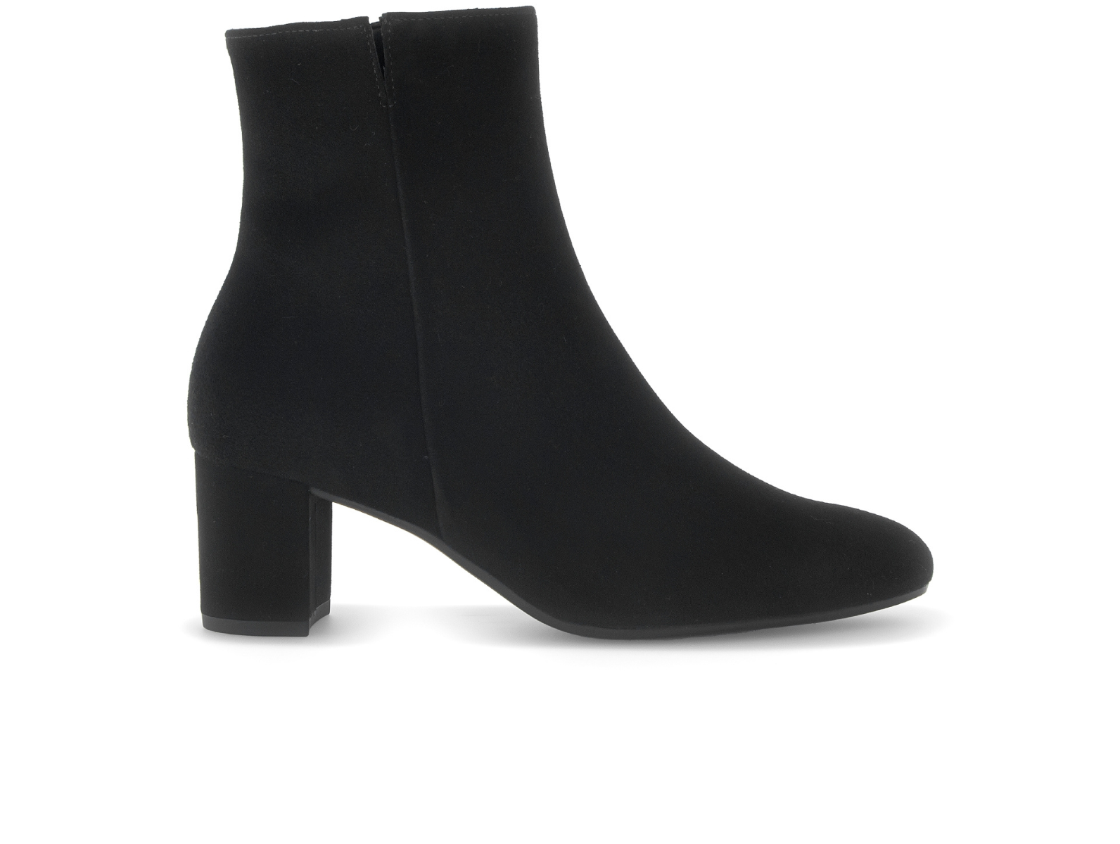 Gabor 75.701.17 - Black suede ankle boot with medium block heel on white background. 